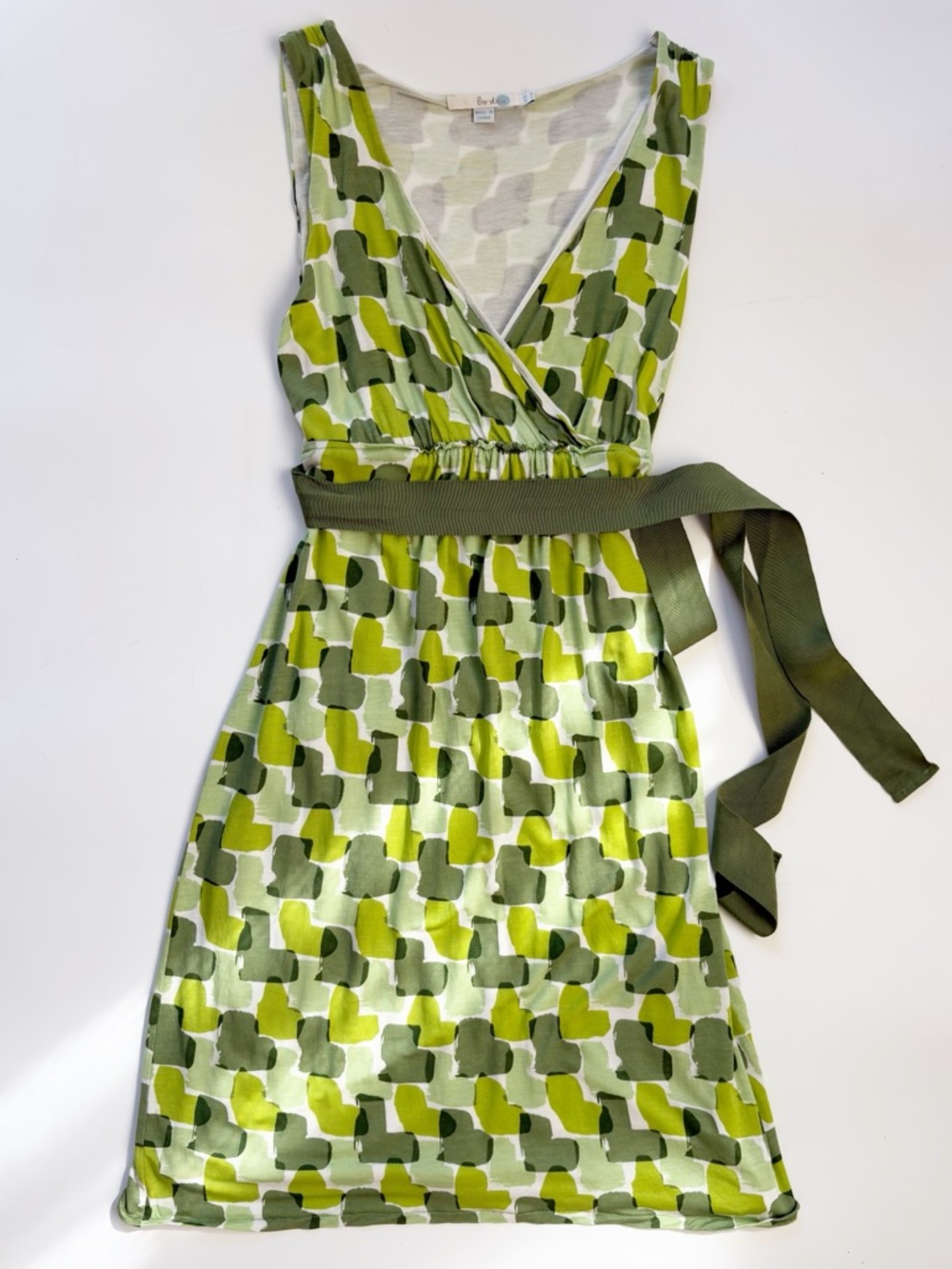 Boden Green Printed V Neck Midi Dress Empire Waist Lyocell Ribbon Sash 6 Long